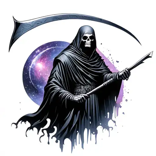 Reaper With Galaxy As Shadows And Black Hood Holding Scythe Tattoo