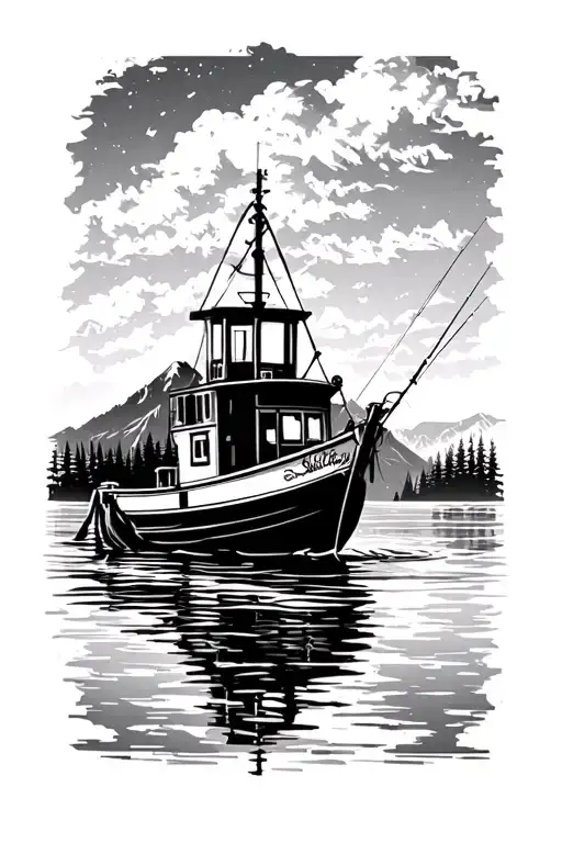 Fishing Boat On Lake With Mountain In Background