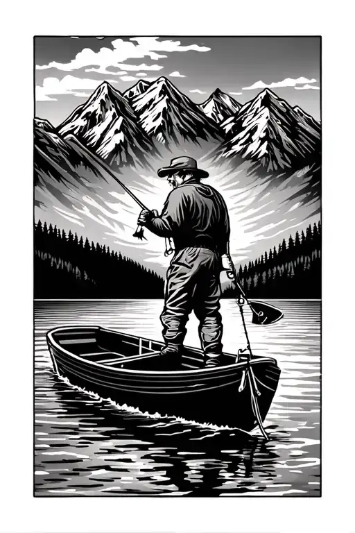 Fishing On A Boat On Lake With Mountains In Background