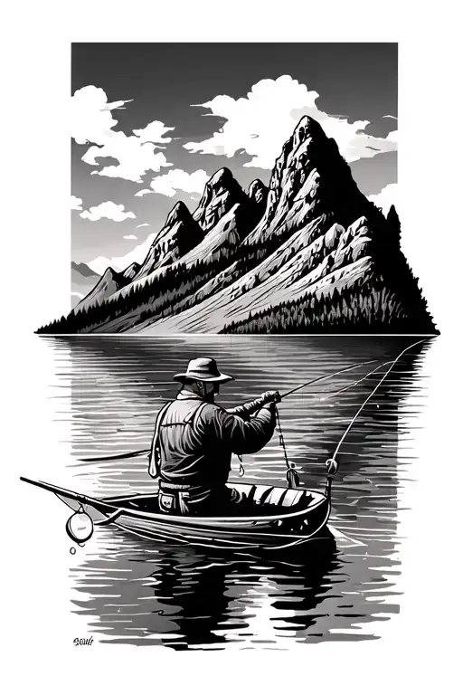 Fishing On Lake Surrounded By Mountains