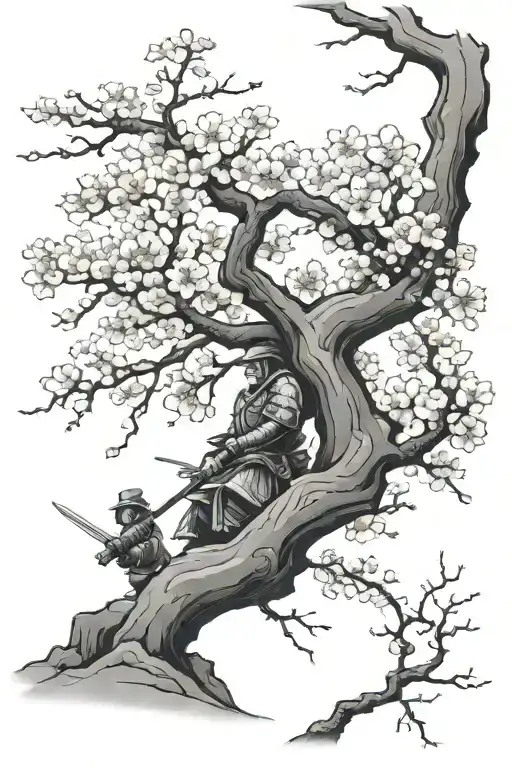 Japanese Cherry Blossom Tree With Samurai