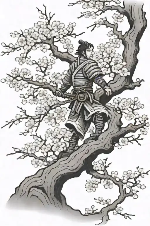 Japanese Cherry Blossom Tree With Samurai
