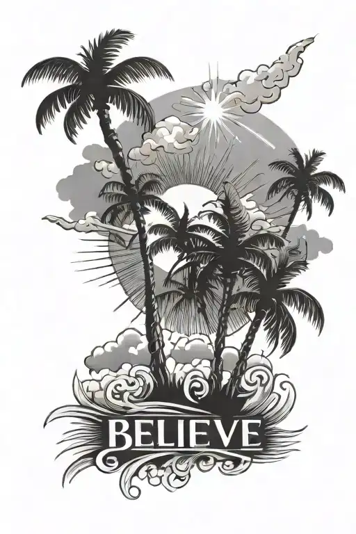 Shining Sun With Clouds And Palm Trees And An Text That Says Believe