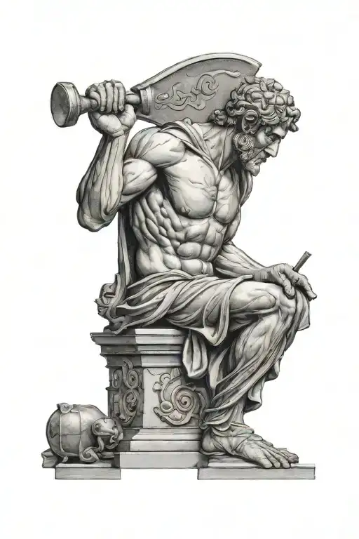 Roman Statue Creating Itself With A Hammer And Chisel With His Bottom Half Being Rock