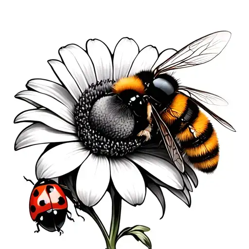 Flower With Bumble Bee And Lady Bug Sitting Together