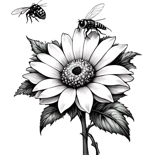 Flower With A Small Bee Flying And Lady Bug On Flower