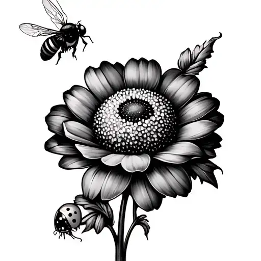 Flower With A Small Bumble Bee Flying And Lady Bug On Flower