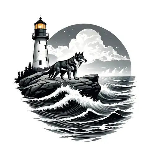 Lighthouse With Waves And A Wolf Perched On A Rock