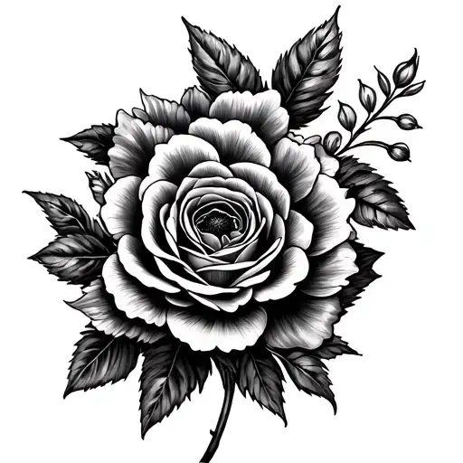 Cosmos Flower And Roses Together Tattoo Black And White