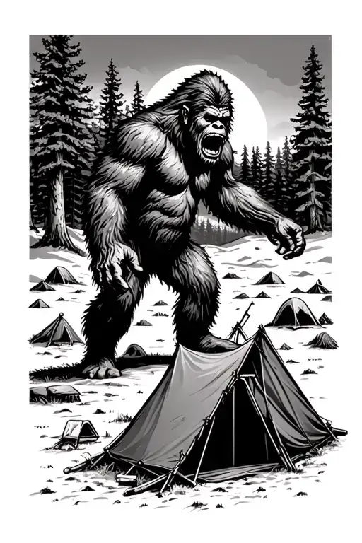 Bigfoot Raiding A Campsite With A Tent