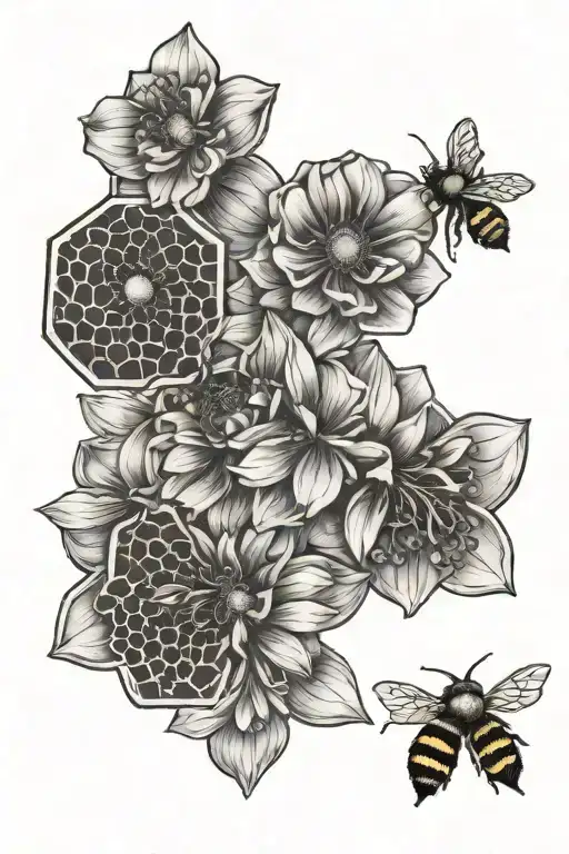 Bumble Bee Flower And Honeycomb Pattern