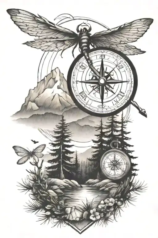 Pine Tree Forest With Stream And Mountains With Compass And Dragonfly
