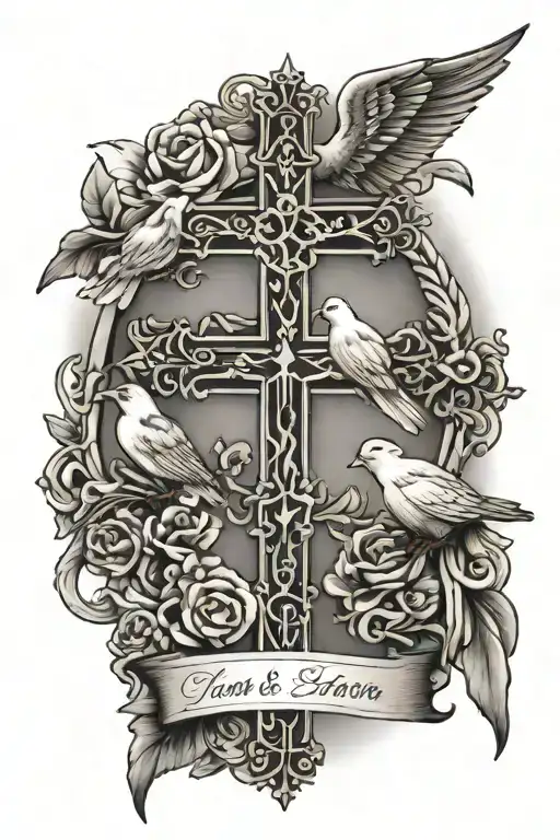 Jesus Cross And Doves With 4 Family Member Names In Them
