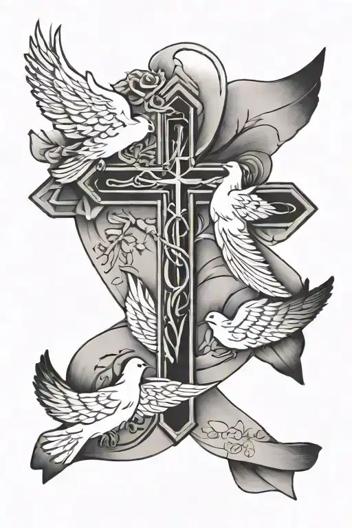 Jesus Cross And Doves With 4 Family Member Names In The Doves