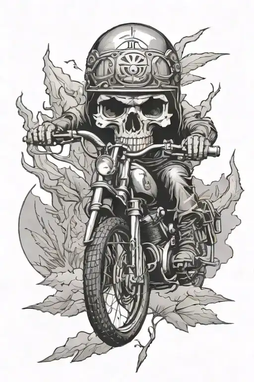 Design A Tattoo Featuring A Skull Riding An Adventure Bike Through A Scenic Landscape