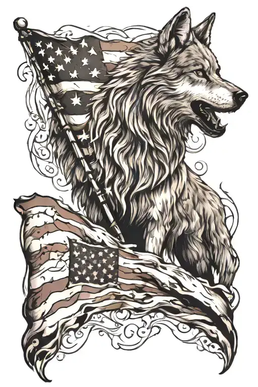 American Flag Tattered American Flag And Wolf