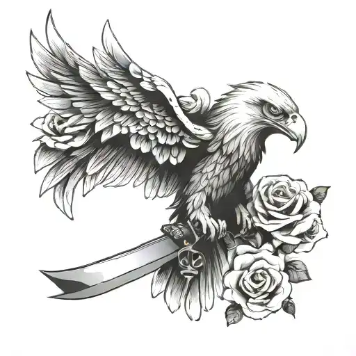 Eagle With Khanda Sword Tatto With Roses
