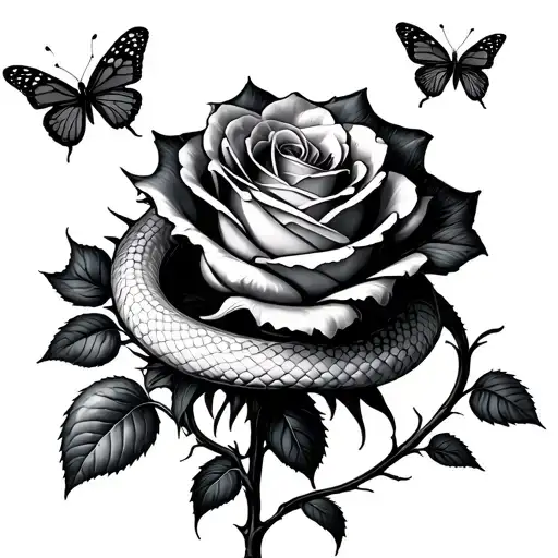 An Entire Rose And The Spiny Stem A Wrapped Snake And About Three Butterflies Around