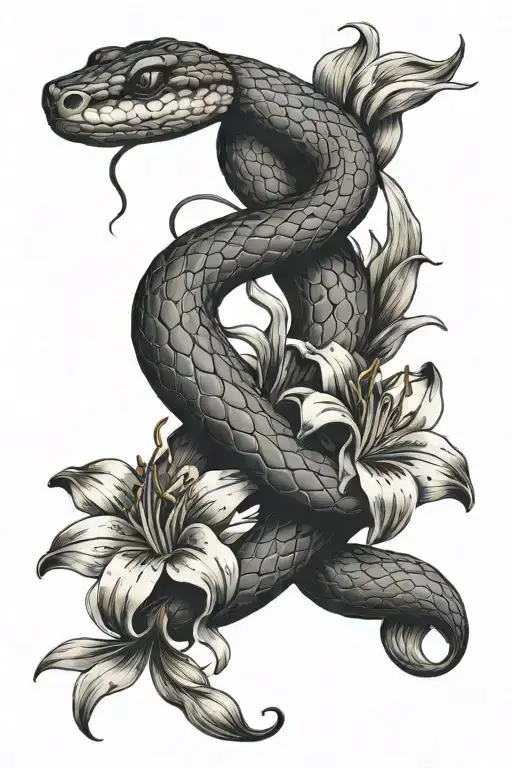Fine Snake With Lily Flowers