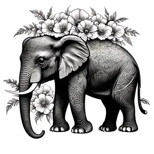 Elephant Tromed Up Surrounded By Riding Flowers