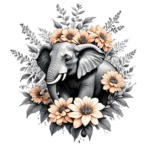 Elephant Tromed Up Surrounded By Riding Flowers