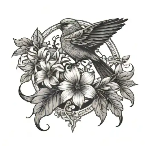 Bird In Arch With Flowers And Leaves