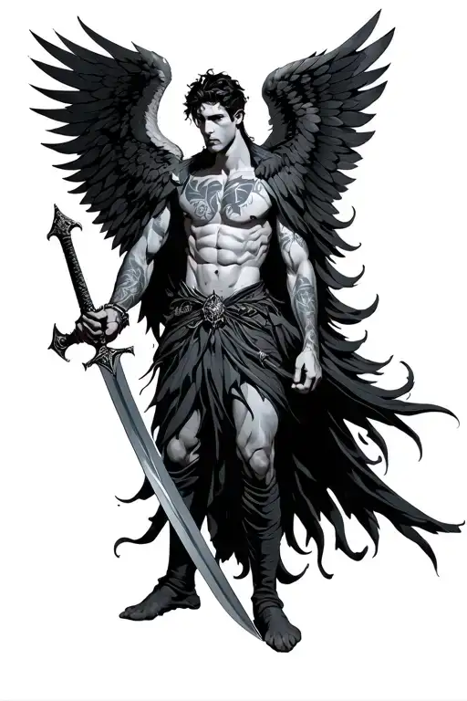 Male Dark Angel Holding Sword With Wings Holding
