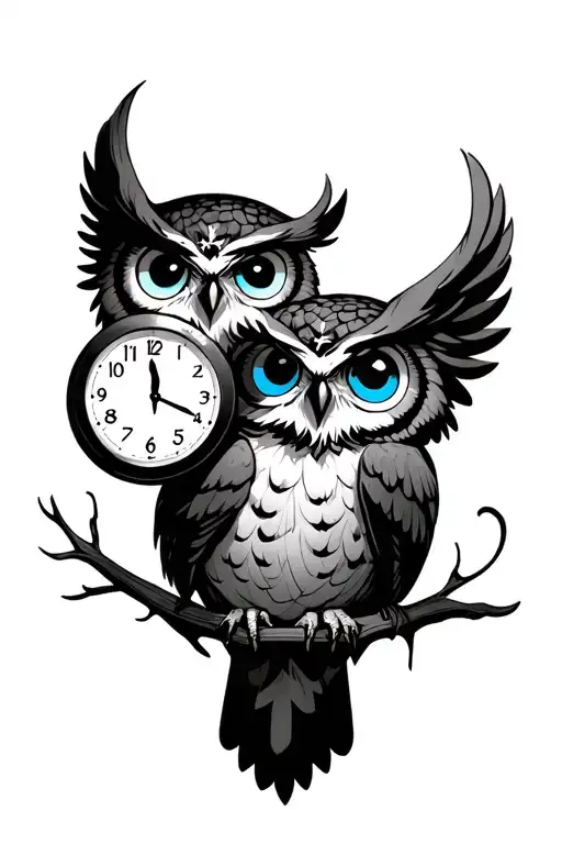 Owl With Blue Eyes Holding Two Clocks