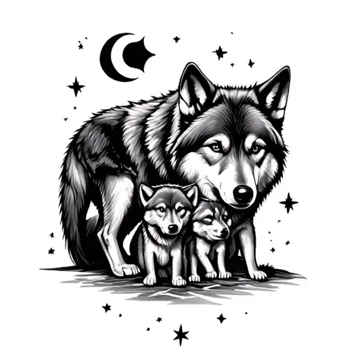 Moon Stars Male Wolf Female Wolf Two Cubs