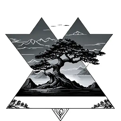 Sunset Mountains And Bonsai Tree In A Triangle