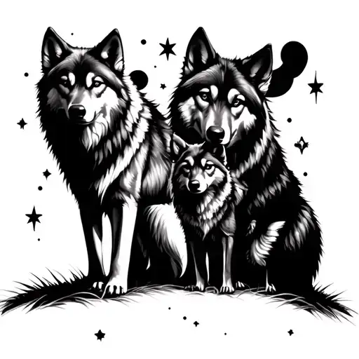 Moon Stars Male Wolf Female Wolf Two Cubs Forest
