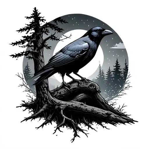 Woods At Night With Crow