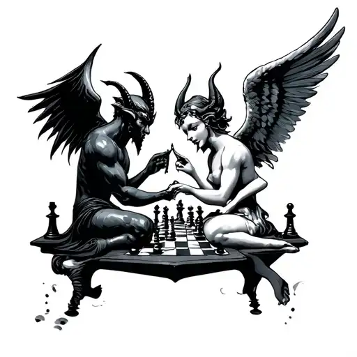 Devil And Angel Playing Chess In Space