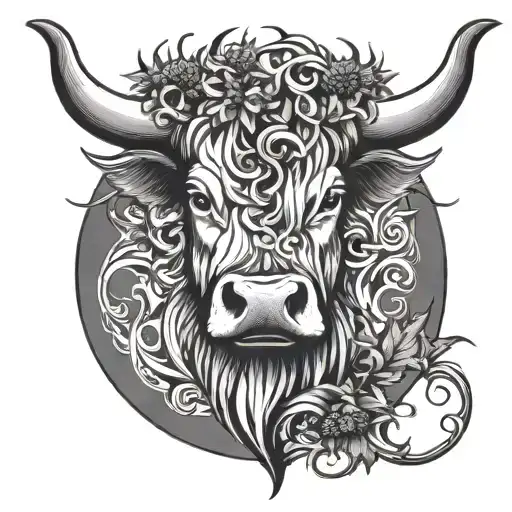 Triskele Made Of Scottish Thistle Behind The Head Of A Highland Cow