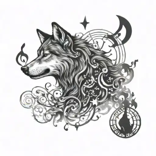An Intricate Design Of A Wolf Howling At The Moon Made Up Of Smoke And Musical Symbols