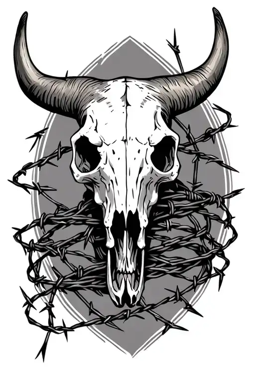 Longhorn Skull With Barbed Wire Wrapped Around Arm