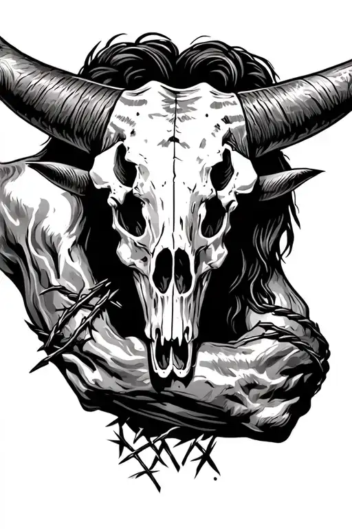 Western Longhorn Skull With Barbed Wire Wrapped Around Foreamr Arm