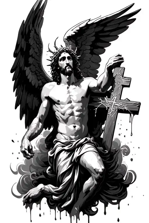 Angel Flying Above Jesus Wearing A Thorn Crown With Cross And Flowing Blood