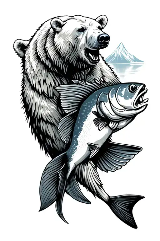 Polar Bear Hunting Fish With Landscape In The Background