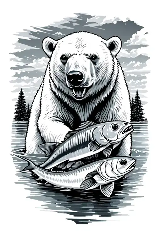 Polar Bear Hunting Fish With Landscape In The Background