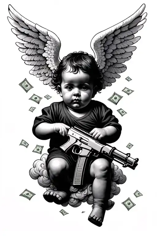 Baby Angel Holding Ak47 Money Clouds Surrounding