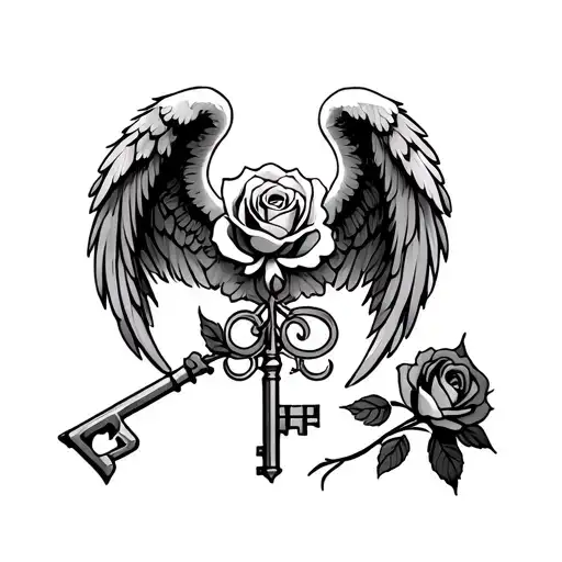 Angel Wings With At The Center A Key With A Rose At The End