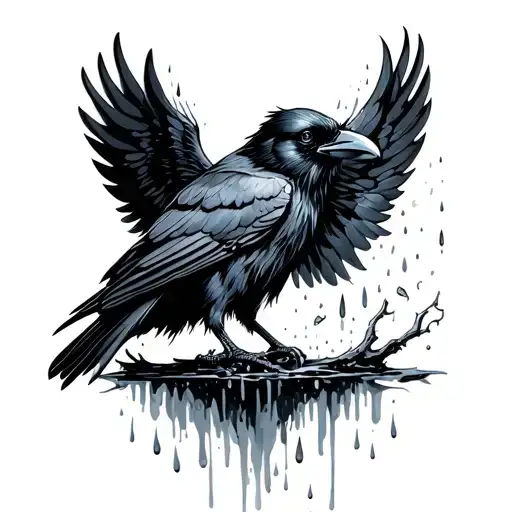 Raven With Sipped Wings From The Rain