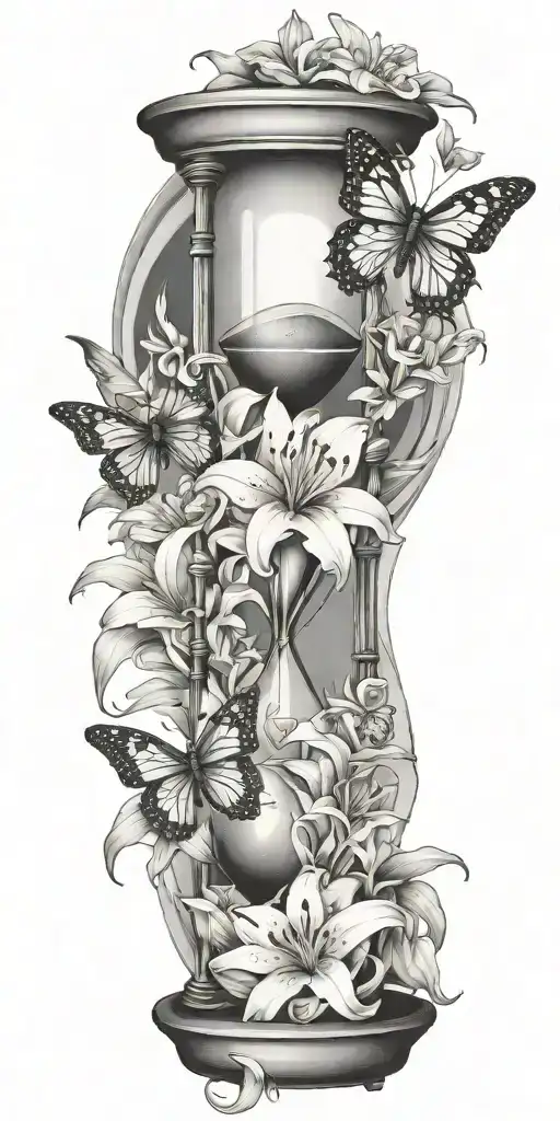 An Hourglass Filled With Lilies And Butterflies