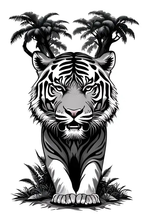 Tiger Hiding In Jungle Forest With Trees