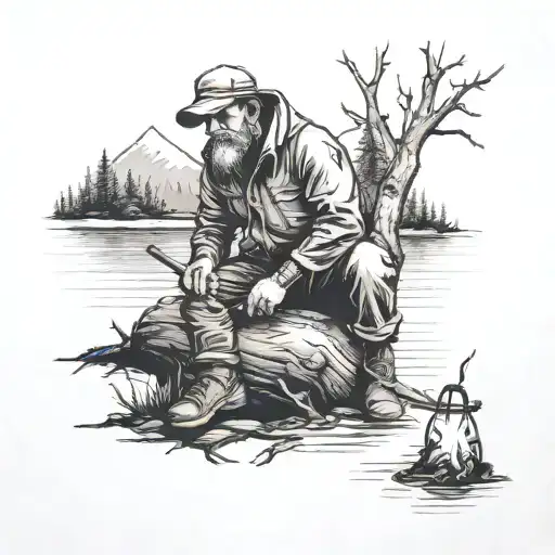 Fisherman Leaning Against A Tree With Line In Water And A Camp Fire