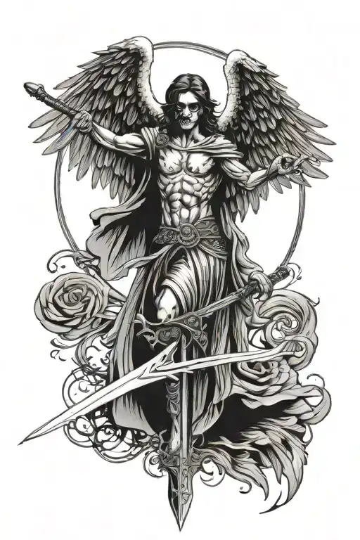 Angel Of Death Holding Sword With Raven Wings Unfurled