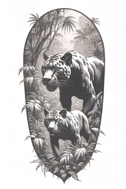 A Pack Of Panthers Stalking Through A Dense Jungle With Rain Falling