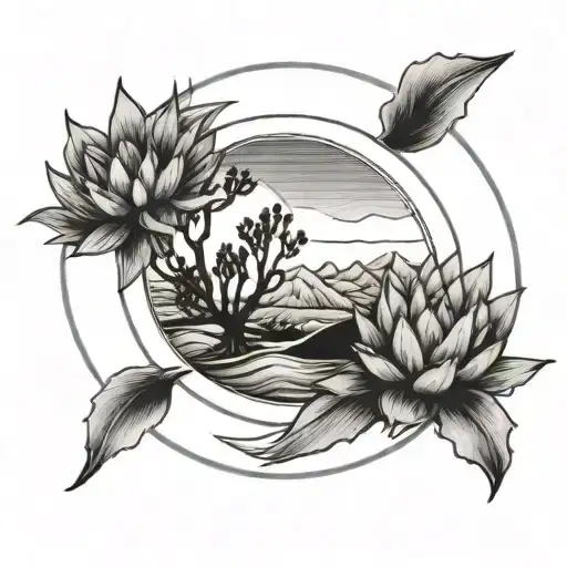 Circle Mountain Wave Line Tattoo With Agave Tree In Middle Above Circle