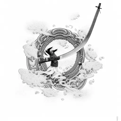 An Elegant Black-grey Tattoo Of A Samurai Sword With Cherry Blossoms